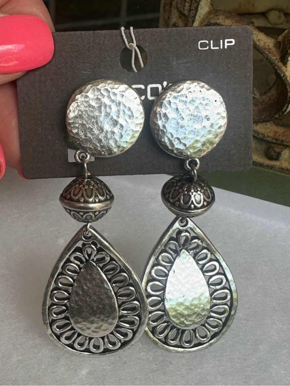 Chico's hammered silvertone teardrop clip-on earrings